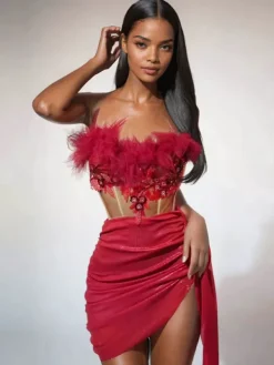 Sets & Co-ords*Jiu Bajia O/S Betsey Feather Trimmed Corset Skirt Set