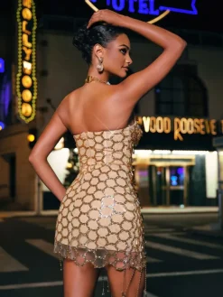 Embellishment|Dresses*Embellishment Bettye Strapless Rhinestone Fringe Mini Dress