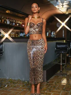 Tops*Mew Mews Fashion Beverlee Spaghetti Leopard Sequin Top