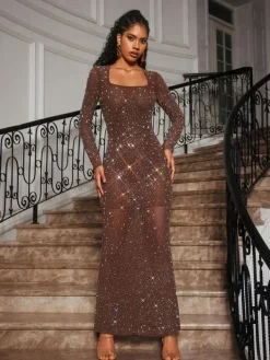 Dresses|Maxi Dresses*Mew Mews Fashion Bhullar Square Neck Rhinestone Maxi Dress