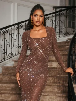 Dresses|Maxi Dresses*Mew Mews Fashion Bhullar Square Neck Rhinestone Maxi Dress