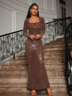 Dresses|Maxi Dresses*Mew Mews Fashion Bhullar Square Neck Rhinestone Maxi Dress
