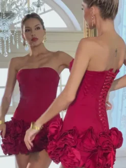 Dresses|Mini Dresses*Mew Mews Fashion Birtin Strapless Flower Mini Dress In Red