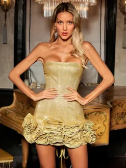 Dresses|Mini Dresses*Mew Mews Fashion Birtin Strapless Flower Mini Dress In Brown