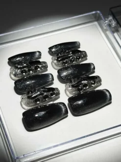 Press On Nails*Mew Mews Fashion Black Cat Eye Crystal Handmade Press On Nails