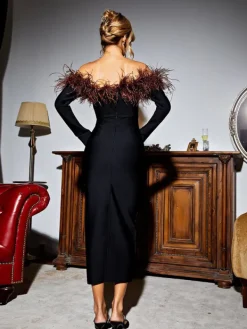 Dresses|Midi Dresses*Mew Mews Fashion Blanche Off Shoulder Feather Trimmed Midi Dress In Black