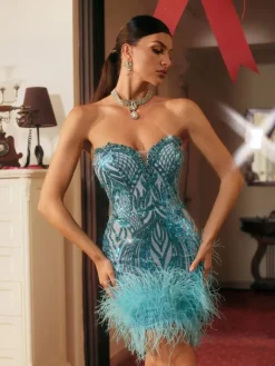 Embellishment|Dresses*Lu Yili Blissany Strapless Rhinestone Feather Mini Dress