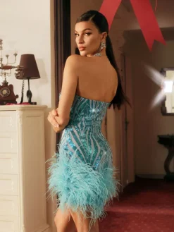 Embellishment|Dresses*Lu Yili Blissany Strapless Rhinestone Feather Mini Dress
