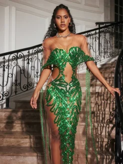 Dresses|Maxi Dresses*Jiu Bajia O/S Blondene Cutout Sequin Embellished Maxi Dress