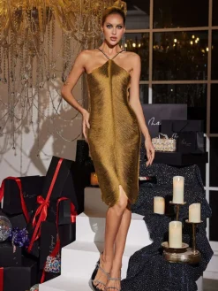 Dresses|Midi Dresses*Mew Mews Fashion Bluma Halterneck Fringe Midi Dress In Gold