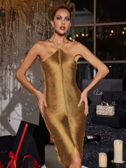 Dresses|Midi Dresses*Mew Mews Fashion Bluma Halterneck Fringe Midi Dress In Gold