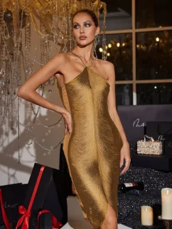Dresses|Midi Dresses*Mew Mews Fashion Bluma Halterneck Fringe Midi Dress In Gold