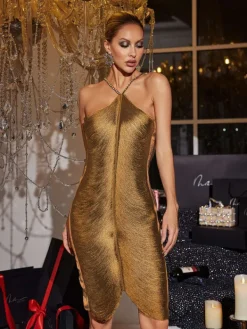 Dresses|Midi Dresses*Mew Mews Fashion Bluma Halterneck Fringe Midi Dress In Gold