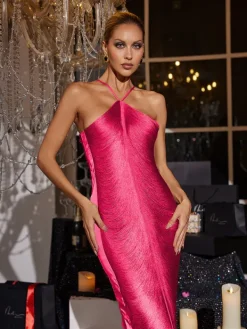 Dresses|Maxi Dresses*Mew Mews Fashion Bluma Halterneck Fringe Maxi Dress In Hot Pink