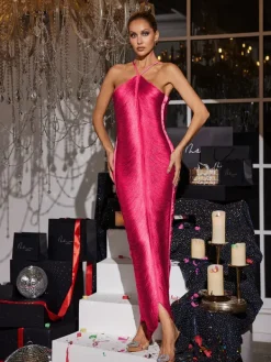 Dresses|Maxi Dresses*Mew Mews Fashion Bluma Halterneck Fringe Maxi Dress In Hot Pink