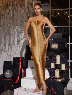 Dresses|Maxi Dresses*Mew Mews Fashion Bluma Halterneck Fringe Maxi Dress In Bronze