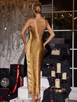 Dresses|Maxi Dresses*Mew Mews Fashion Bluma Halterneck Fringe Maxi Dress In Bronze