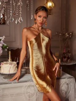 Dresses|Mini Dresses*Mew Mews Fashion Bluma Halterneck Fringe Mini Dress In Bronze
