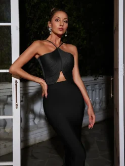 Tops*Mew Mews Fashion Bluma Halterneck Fringe Top In Black