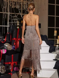 Dresses|Midi Dresses*Mew Mews Fashion Bluma Halterneck Fringe Tiered Midi Dress In Brown