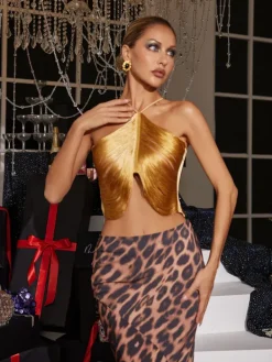 Tops*Mew Mews Fashion Bluma Halterneck Fringe Top In Gold