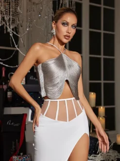 Tops*Mew Mews Fashion Bluma Halterneck Fringe Top In Grey