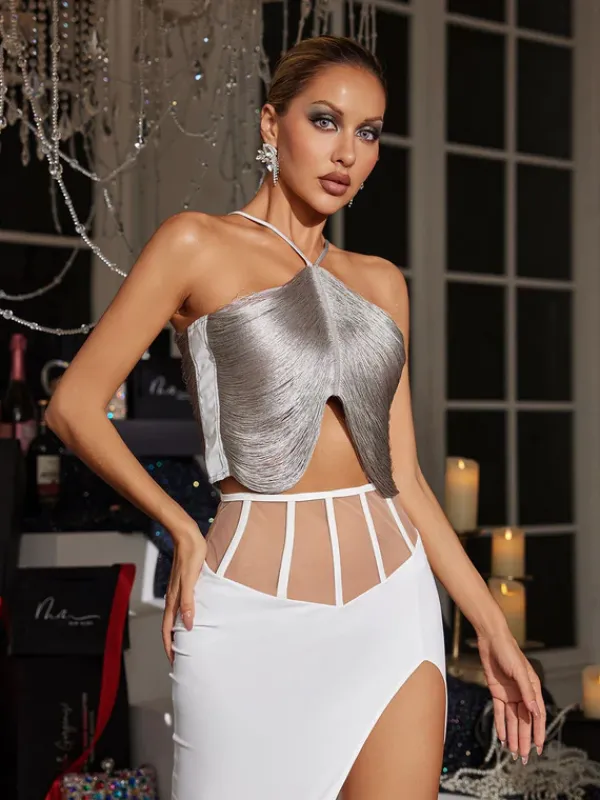 Tops*Mew Mews Fashion Bluma Halterneck Fringe Top In Grey