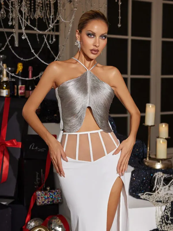 Tops*Mew Mews Fashion Bluma Halterneck Fringe Top In Grey