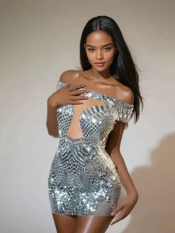 Dresses|Mini Dresses*Jiu Bajia O/S Bly Off Shoulder Rhinestone Mini Dress In Silver