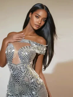 Dresses|Mini Dresses*Jiu Bajia O/S Bly Off Shoulder Rhinestone Mini Dress In Silver