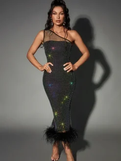 Dresses|Midi Dresses*Bandage Bowie Mesh Diamond Feather Dress