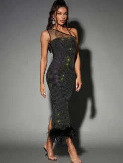 Dresses|Midi Dresses*Bandage Bowie Mesh Diamond Feather Dress