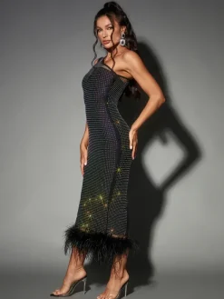 Dresses|Midi Dresses*Bandage Bowie Mesh Diamond Feather Dress