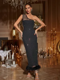 Dresses|Midi Dresses*Bandage Bowie Mesh Diamond Feather Dress
