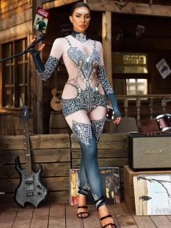 Jumpsuits & Romper*W Jia O/S Branthos Long Sleeve Rhinestone Bat Jumpsuit