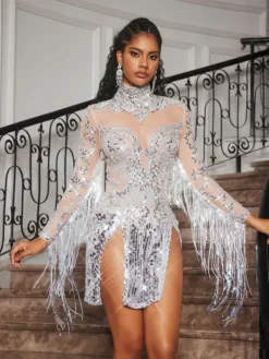 Dresses|Mini Dresses*Jiu Bajia O/S Braychan Embellished Fringe Split Mini Dress In Silver