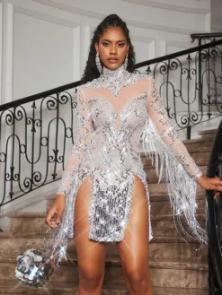Dresses|Mini Dresses*Jiu Bajia O/S Braychan Embellished Fringe Split Mini Dress In Silver