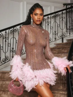 Embellishment|Dresses*Embellishment Braylene Rhinestone Feather Trimmed Mini Dress