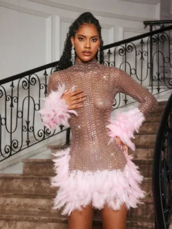 Embellishment|Dresses*Embellishment Braylene Rhinestone Feather Trimmed Mini Dress