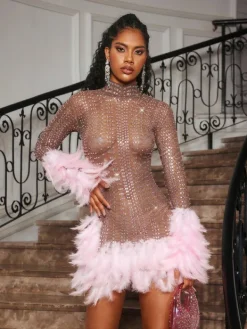 Embellishment|Dresses*Embellishment Braylene Rhinestone Feather Trimmed Mini Dress