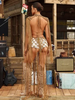 Cover-ups|Swimwear*Mew Mews Fashion O/S Brinzo Fringe Cover Up Dress In Khaki