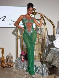 Embellishment|Dresses*Embellishment Brody Printed Rhinestone Split Maxi Dress In Green
