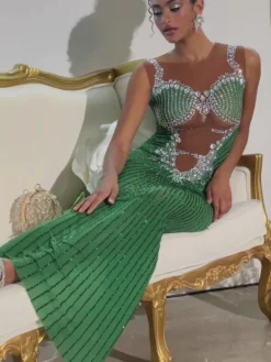Embellishment|Dresses*Embellishment Brody Printed Rhinestone Split Maxi Dress In Green