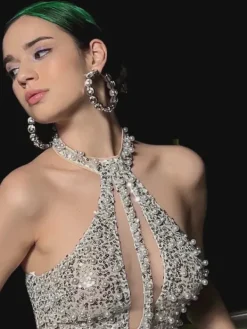Embellishment|Dresses*Embellishment Bronte Halterneck Pearl Sequin Feather Mini Dress