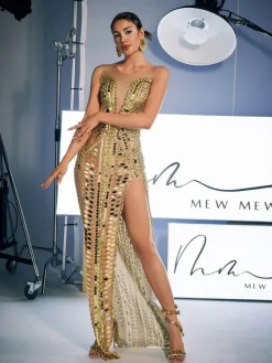 Embellishment|Dresses*Embellishment O/S Brycen Scoop Neck Acrylic Split Maxi Dress