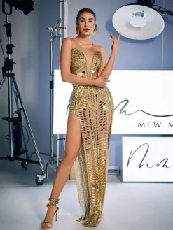 Embellishment|Dresses*Embellishment O/S Brycen Scoop Neck Acrylic Split Maxi Dress