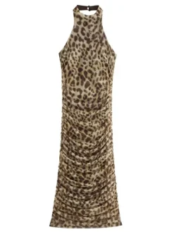 Dresses|Midi Dresses*Mew Mews Fashion Brynthar Backless Leopard Ruched Midi Dress