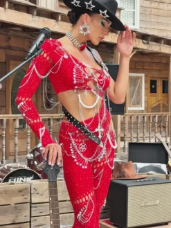 Jumpsuits & Romper|Embellishment*Embellishment Brynx One Shoulder Cutout Chain Jumpsuit In Red