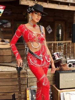 Jumpsuits & Romper|Embellishment*Embellishment Brynx One Shoulder Cutout Chain Jumpsuit In Red