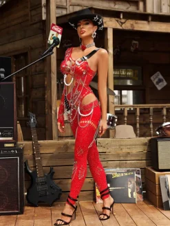 Jumpsuits & Romper|Embellishment*Embellishment Brynx One Shoulder Cutout Chain Jumpsuit In Red